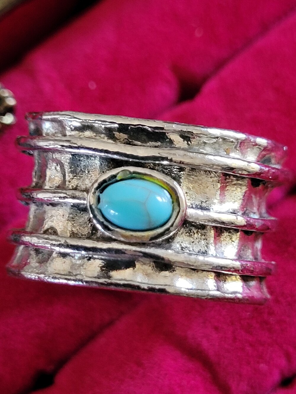 Silver-Tone Wide Band Ring with Turquoise Cabochon - Size 9